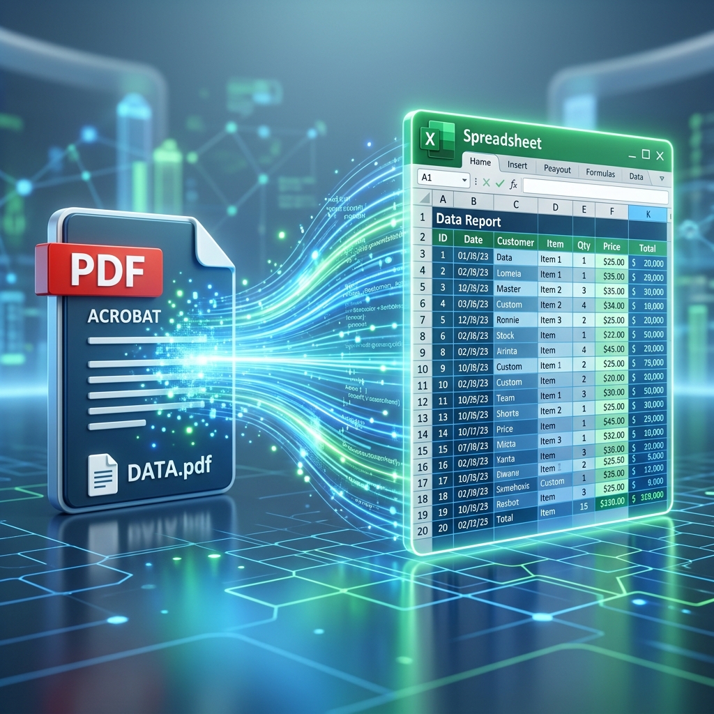 PDF to Excel conversion - paper documents beside a laptop showing spreadsheet data